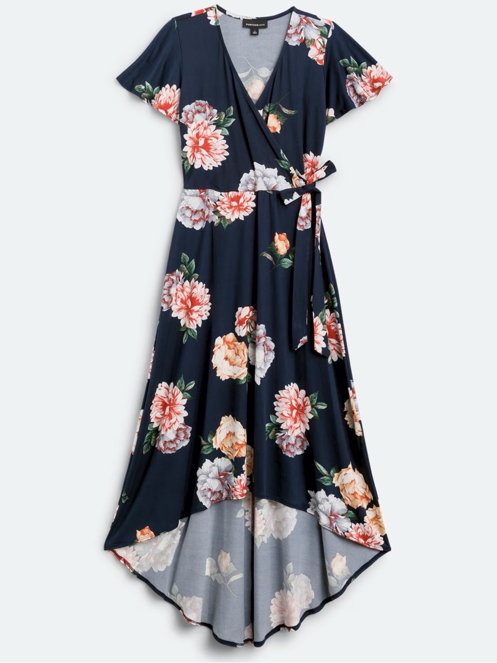 Floral Wrap High-Low Dress in Navy by Fashion Union